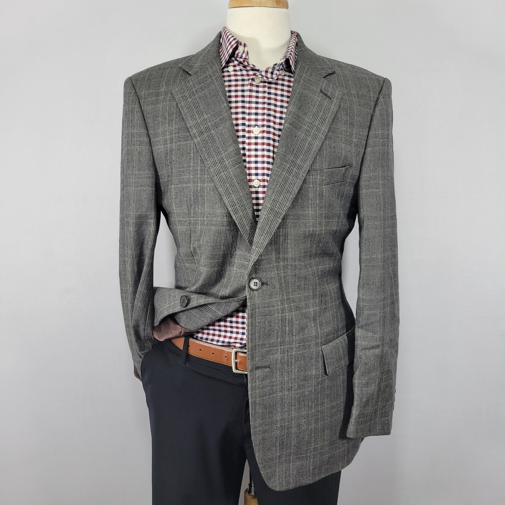 Zara Man Mens Sport Coat Blazer Two Button Gray Plaid Houndstooth Wool Blend 44R